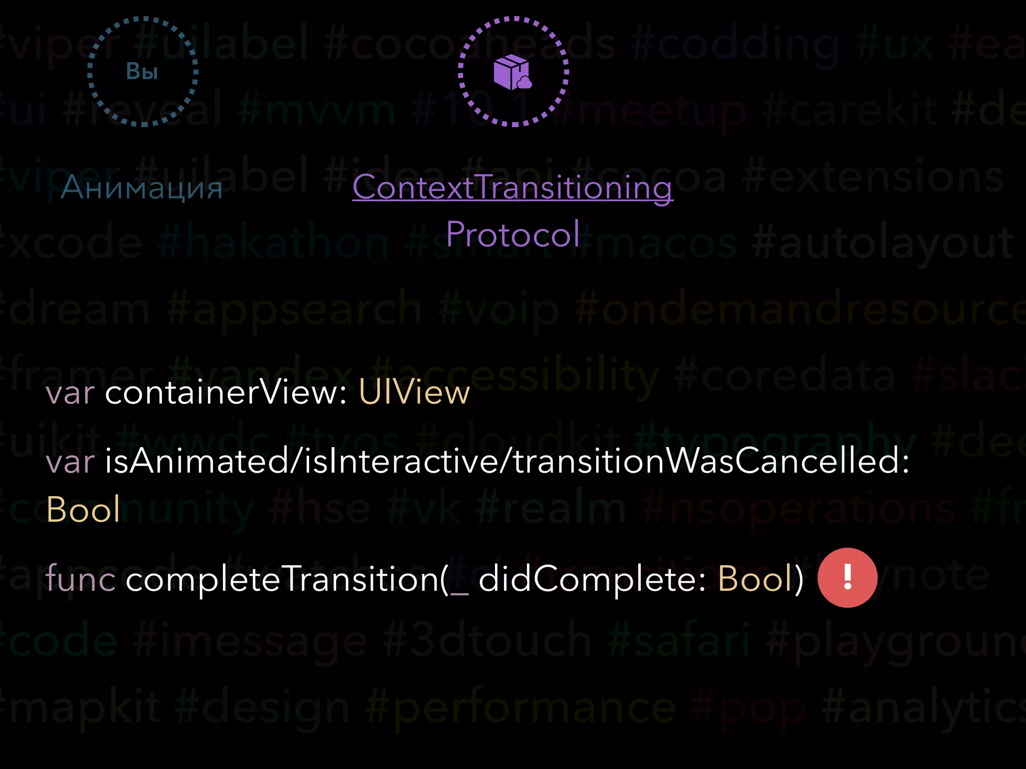 #viper #uilabel #cocoaheads #codding #ux #ea
#ui #reveal #mvvm #10.1 #meetup #carekit #de
#viper #uilabel #idea #api #cocoa #extensions
#xcode #hakathon #smart #macos #autolayout
#dream #appsearch #voip #ondemandresource
#framer #yandex #accessibility #coredata #slack
#uikit #wwdc #tvos #cloudkit #typography #dee
#community #hse #vk #realm #nsoperations #fr
#appcode #watchos #ci #transitions #keynote
#code #imessage #3dtouch #safari #playground
#mapkit #design #performance #pop #analytics
Вы
Анимация ContextTransitioning
Protocol
var containerView: UIView
var isAnimated/isInteractive/transitionWasCancelled:
Bool
func completeTransition(_ didComplete: Bool) !
 
