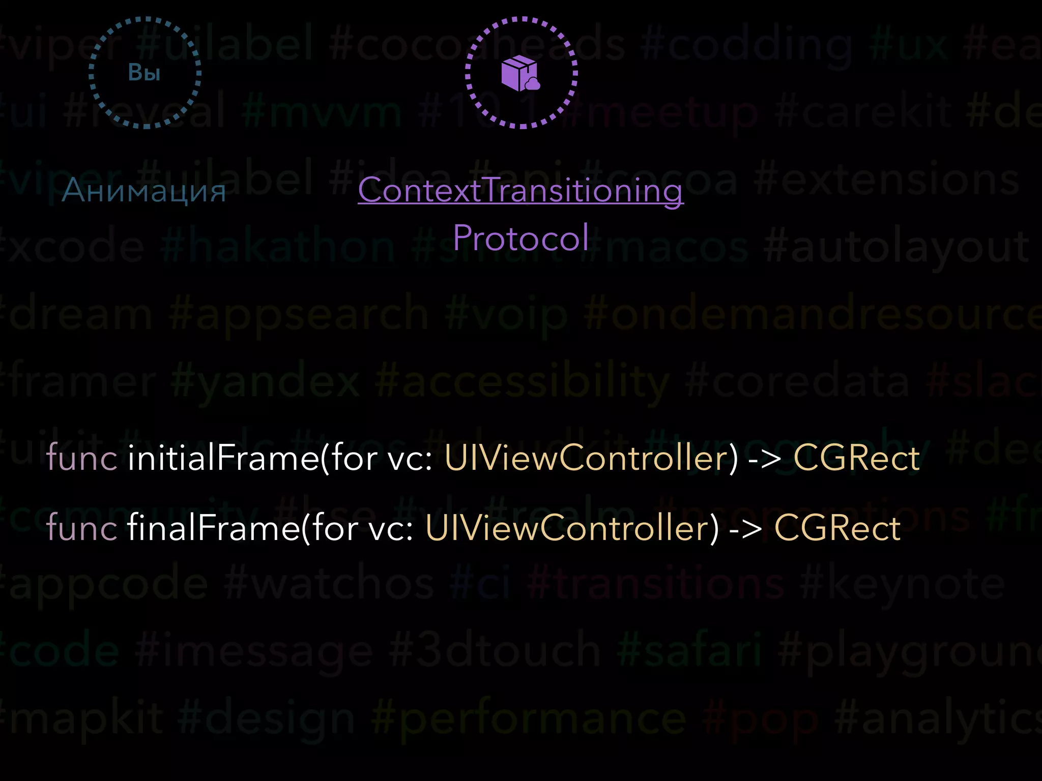 #viper #uilabel #cocoaheads #codding #ux #ea
#ui #reveal #mvvm #10.1 #meetup #carekit #de
#viper #uilabel #idea #api #cocoa #extensions
#xcode #hakathon #smart #macos #autolayout
#dream #appsearch #voip #ondemandresource
#framer #yandex #accessibility #coredata #slack
#uikit #wwdc #tvos #cloudkit #typography #dee
#community #hse #vk #realm #nsoperations #fr
#appcode #watchos #ci #transitions #keynote
#code #imessage #3dtouch #safari #playground
#mapkit #design #performance #pop #analytics
Вы
Анимация
func initialFrame(for vc: UIViewController) -> CGRect
func ﬁnalFrame(for vc: UIViewController) -> CGRect
ContextTransitioning
Protocol
 