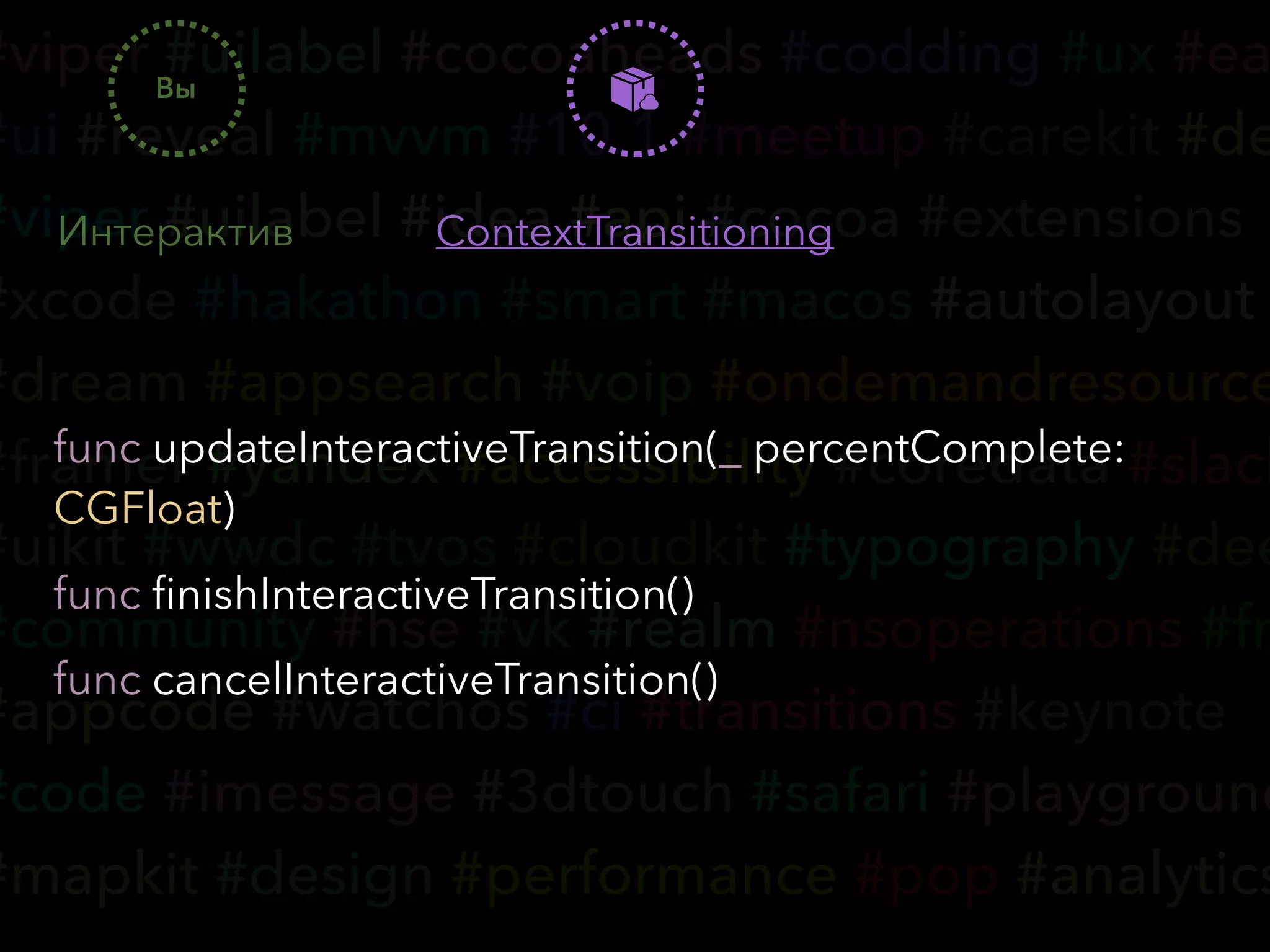 #viper #uilabel #cocoaheads #codding #ux #ea
#ui #reveal #mvvm #10.1 #meetup #carekit #de
#viper #uilabel #idea #api #cocoa #extensions
#xcode #hakathon #smart #macos #autolayout
#dream #appsearch #voip #ondemandresource
#framer #yandex #accessibility #coredata #slack
#uikit #wwdc #tvos #cloudkit #typography #dee
#community #hse #vk #realm #nsoperations #fr
#appcode #watchos #ci #transitions #keynote
#code #imessage #3dtouch #safari #playground
#mapkit #design #performance #pop #analytics
Интерактив ContextTransitioning
func updateInteractiveTransition(_ percentComplete:
CGFloat)
func ﬁnishInteractiveTransition()
func cancelInteractiveTransition()
Вы
 
