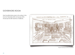 GOVERNORS ROOM
Here his political side comes to the surface. In the
time from November 2003 until January 2001,
Arnold was the 38th Governor of California.
36
Original drawing by Helmut Gombocz
 