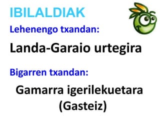 IBILALDIAK
Lehenengo txandan:
Landa-Garaio urtegira
Bigarren txandan:
Gamarra igerilekuetara
(Gasteiz)
 