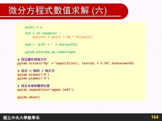 微分方程式數值求解 (六)
164國立中央大學數學系
ys[0] = c
for i in range(n) :
ys[i+1] = ys[i] + dx * fn(xs[i])
sym = ’y(0) = ’ + str(ys[0])
pylab.plot(xs,ys,label=sym)
# 設定圖形標頭文字
pylab.title(r”$y’ = sqrt[3]{x}, sin(x) + 0.2$",fontsize=20)
# 設定 X 軸與 Y 軸文字
pylab.xlabel(’X’)
pylab.ylabel(’Y’)
# 設定各線條圖例位置
pylab.legend(loc=’upper left’)
pylab.show()
 