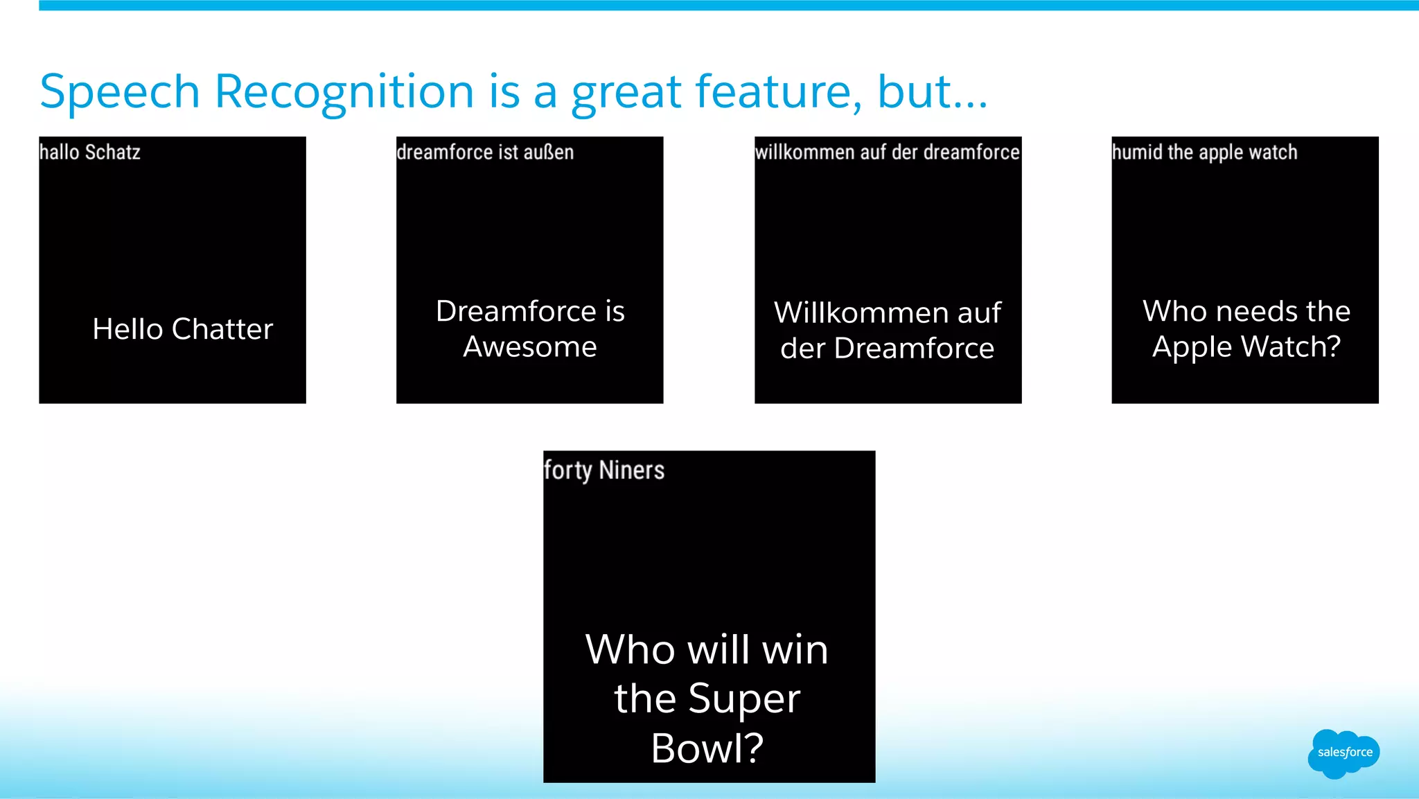 Speech Recognition is a great feature, but...
Hello Chatter
Dreamforce is
Awesome
Willkommen auf
der Dreamforce
Who needs the
Apple Watch?
Who will win
the Super
Bowl?
 