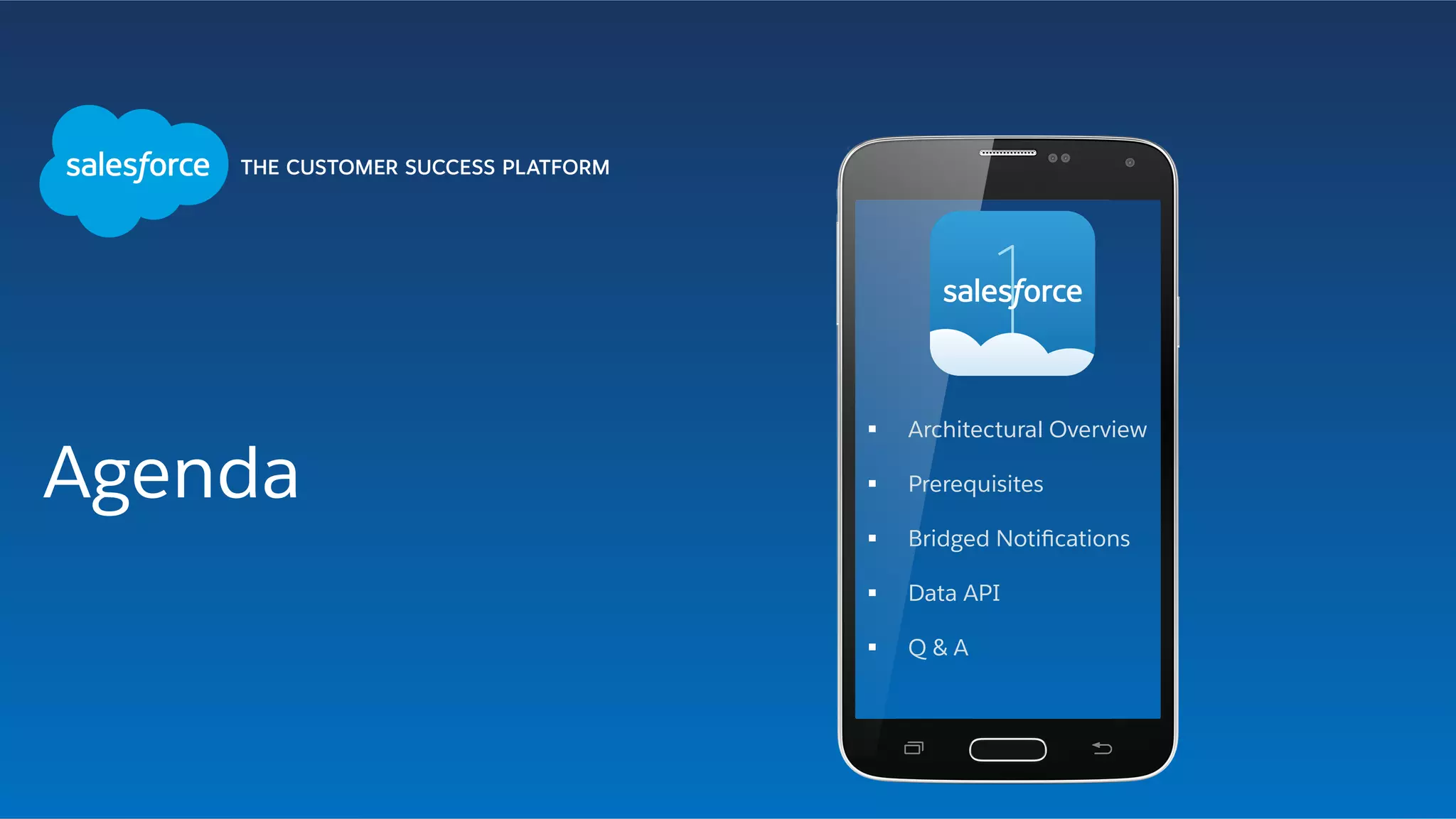 Agenda
§  Architectural Overview
§  Prerequisites
§  Bridged Notiﬁcations
§  Data API
§  Q & A
 