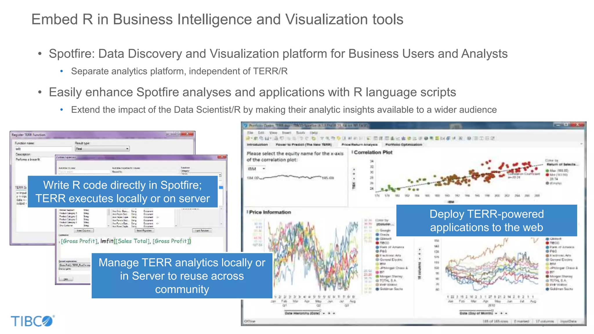 Embed R in Business Intelligence and Visualization tools
• Spotfire: Data Discovery and Visualization platform for Business Users and Analysts
• Separate analytics platform, independent of TERR/R
• Easily enhance Spotfire analyses and applications with R language scripts
• Extend the impact of the Data Scientist/R by making their analytic insights available to a wider audience
Write R code directly in Spotfire;
TERR executes locally or on server
Manage TERR analytics locally or
in Server to reuse across
community
Deploy TERR-powered
applications to the web
 