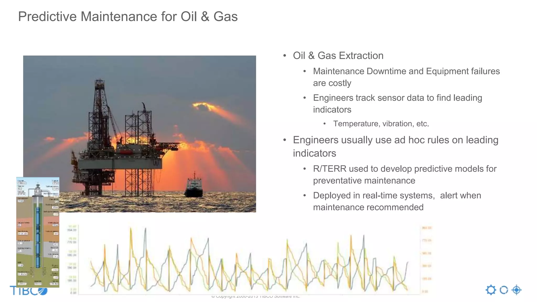 • Oil & Gas Extraction
• Maintenance Downtime and Equipment failures
are costly
• Engineers track sensor data to find leading
indicators
• Temperature, vibration, etc.
• Engineers usually use ad hoc rules on leading
indicators
• R/TERR used to develop predictive models for
preventative maintenance
• Deployed in real-time systems, alert when
maintenance recommended
Predictive Maintenance for Oil & Gas
© Copyright 2000-2013 TIBCO Software Inc.
 