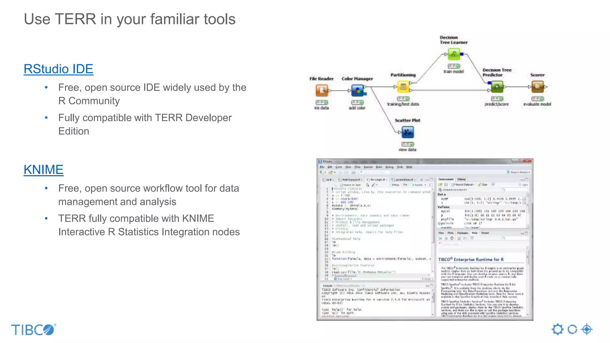 Use TERR in your familiar tools
RStudio IDE
• Free, open source IDE widely used by the
R Community
• Fully compatible with TERR Developer
Edition
KNIME
• Free, open source workflow tool for data
management and analysis
• TERR fully compatible with KNIME
Interactive R Statistics Integration nodes
 