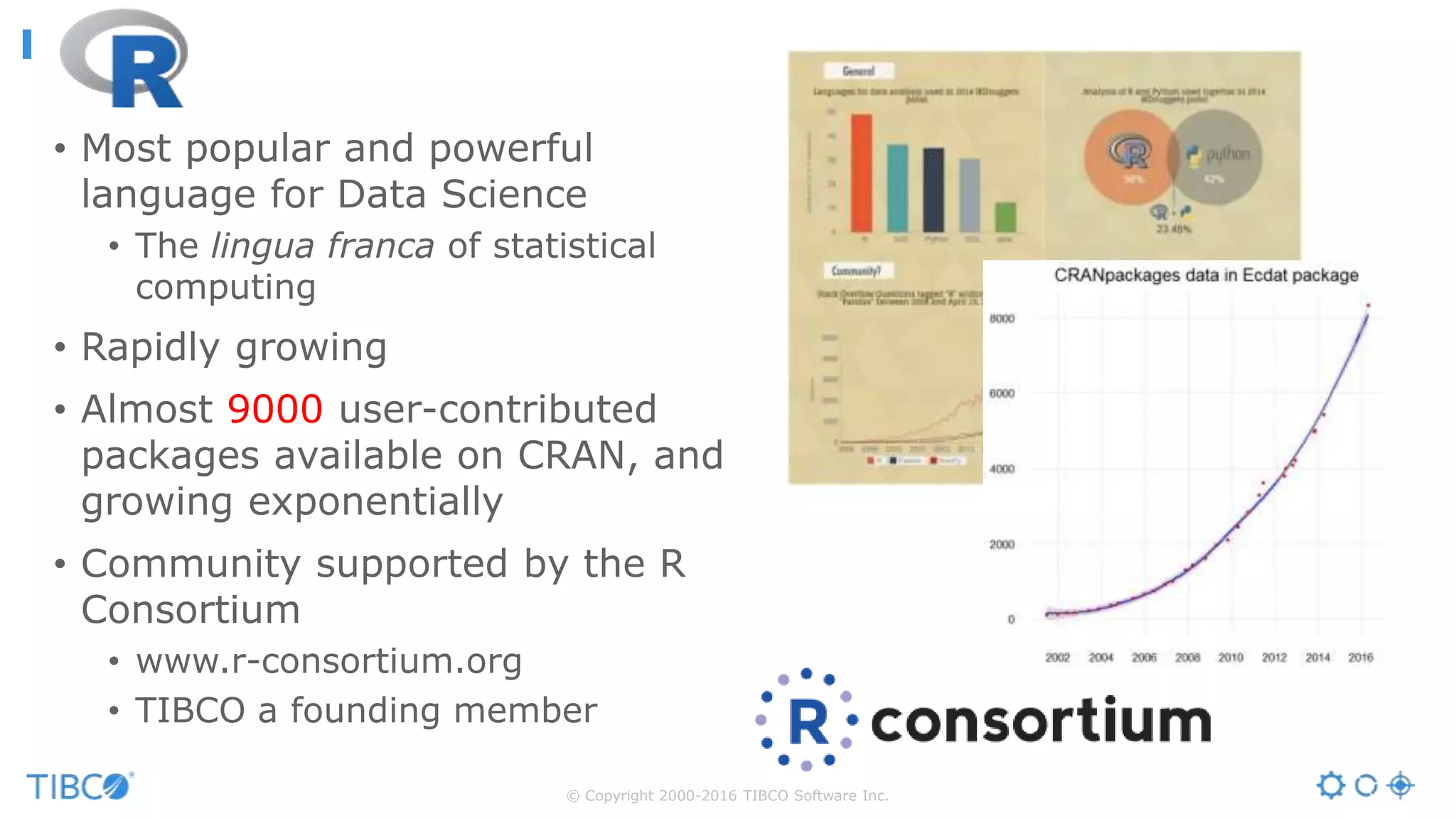 © Copyright 2000-2016 TIBCO Software Inc.
• Most popular and powerful
language for Data Science
• The lingua franca of statistical
computing
• Rapidly growing
• Almost 9000 user-contributed
packages available on CRAN, and
growing exponentially
• Community supported by the R
Consortium
• www.r-consortium.org
• TIBCO a founding member
 