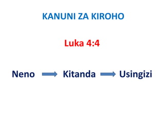 KANUNI ZA KIROHO

           Luka 4:4


Neno
N          Kitanda
           Ki d       Usingizi
                      Ui ii
 