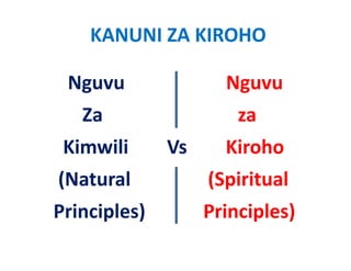 KANUNI ZA KIROHO

  Nguvu                     Nguvu
  Nguvu                     Nguvu
    Za                            za
    Za                            za
 Kimwili        Vs        Kiroho 
 Kimwili        Vs        Kiroho
(
(Natural                (Spiritual  
                        ( p
Principles)            Principles)
      p )                    p )
 