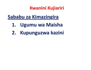 Kwanini Kujiariri
Sababu za Kimazingira
  1. Ugumu wa Maisha
  2. Kupunguzwa kazini
 