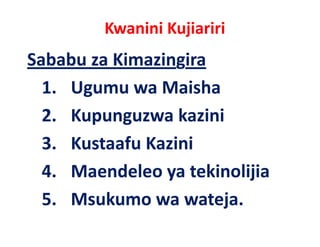 Kwanini Kujiariri
Sababu za Kimazingira
  1. Ugumu wa Maisha
  2. Kupunguzwa kazini
  3. Kustaafu Kazini
  3 K t f K i i
  4.
  4 Maendeleo ya tekinolijia
  5.
  5 Msukumo wa wateja
                   wateja.
 