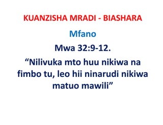 KUANZISHA MRADI ‐ BIASHARA
             Mfano
         Mwa 32:9‐12.
  “Nilivuka mto huu nikiwa na
fimbo
f b tu, leo hii ninarudi nikiwa
          l h         d k
         matuo mawili”
               mawili
 