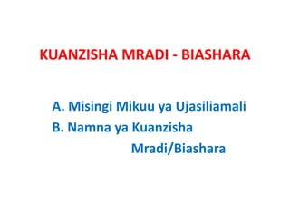 KUANZISHA MRADI ‐ BIASHARA


 A. Misingi Mikuu ya Ujasiliamali
 B. Namna
 B Namna ya Kuanzisha
              Mradi/Biashara
                   /
 