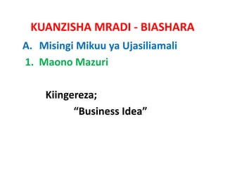 KUANZISHA MRADI ‐ BIASHARA
A. Misingi Mikuu ya Ujasiliamali
1.  Maono Mazuri

    Kiingereza; 
    Kiingereza;
          “Business Idea”
 