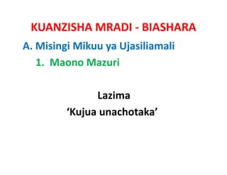 KUANZISHA MRADI ‐ BIASHARA
A. Misingi Mikuu ya Ujasiliamali
   1.  Maono Mazuri

               Lazima
         ‘Kujua unachotaka’
 