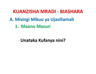 KUANZISHA MRADI ‐ BIASHARA
A. Misingi Mikuu ya Ujasiliamali
   1.  Maono Mazuri

     Unataka Kufanya nini?
 