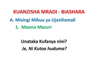 KUANZISHA MRADI ‐ BIASHARA
A. Misingi Mikuu ya Ujasiliamali
   1.  Maono Mazuri

     Unataka Kufanya nini?
     Je, Ni Kutoa huduma?
 