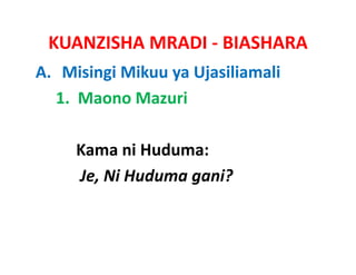 KUANZISHA MRADI ‐ BIASHARA
A. Misingi Mikuu ya Ujasiliamali
  1.  Maono Mazuri

     Kama ni
     Kama ni Huduma:
     Je, Ni Huduma gani?
 