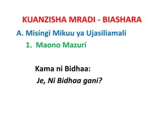KUANZISHA MRADI ‐ BIASHARA
A. Misingi Mikuu ya Ujasiliamali
   1.  Maono Mazuri

     Kama ni
     Kama ni Bidhaa:
     Je, Ni Bidhaa gani?
 