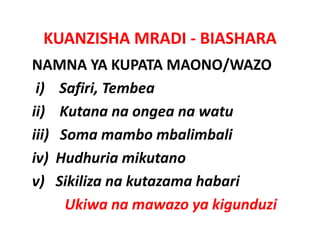 KUANZISHA MRADI ‐ BIASHARA
NAMNA YA KUPATA MAONO/WAZO
 i)    Safiri, Tembea
ii)    Kutana na ongea na watu
ii) K t                     t
iii)   Soma mambo mbalimbali
iii) Soma mambo mbalimbali
iv) Hudhuria mikutano
v) Sikiliza na kutazama habari
        Ukiwa na mawazo ya kigunduzi
        Uki                ki   d i
 
