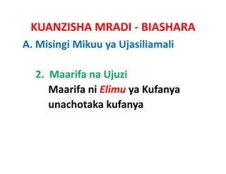 KUANZISHA MRADI ‐ BIASHARA
A. Misingi Mikuu ya Ujasiliamali

  2.  Maarifa
  2 Maarifa na Ujuzi
      Maarifa ni Elimu ya Kufanya
      unachotaka kufanya
 