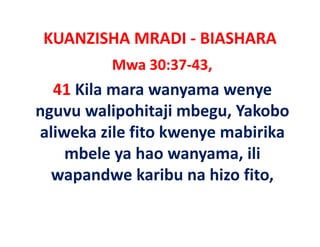 KUANZISHA MRADI ‐ BIASHARA
          Mwa 30:37‐43,
  41 Kila mara wanyama wenye
nguvu walipohitaji mbeg Yakobo
ng       alipohitaji mbegu, Yakobo
aliweka zile fito kwenye mabirika
                       y
    mbele ya hao wanyama, ili
  wapandwe k ib na hi fit
         d karibu hizo fito, 
 