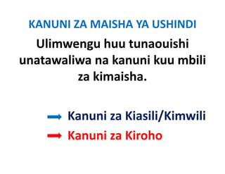 KANUNI ZA MAISHA YA USHINDI 
  Ulimwengu huu tunaouishi
unatawaliwa na kanuni kuu mbili
         za kimaisha
            kimaisha.

        Kanuni za Kiasili/Kimwili
        Kanuni za Kiroho
 