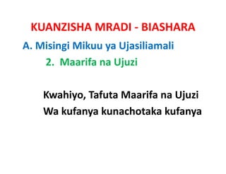 KUANZISHA MRADI ‐ BIASHARA
A. Misingi Mikuu ya Ujasiliamali
    2.  Maarifa na Ujuzi

    Kwahiyo, Tafuta
    Kwahiyo, Tafuta Maarifa na Ujuzi
    Wa kufanya kunachotaka kufanya
 