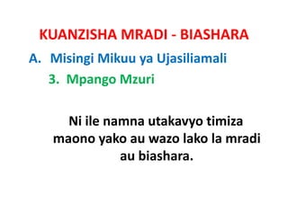 KUANZISHA MRADI ‐ BIASHARA
A. Misingi Mikuu ya Ujasiliamali
   3.  Mpango Mzuri 

     Ni ile namna utakavyo timiza 
     Ni ile namna utakavyo timiza
   maono yako au wazo lako la mradi 
              au biashara.
                 bi h
 