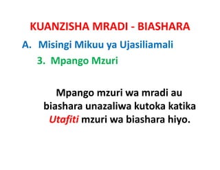 KUANZISHA MRADI ‐ BIASHARA
A. Misingi Mikuu ya Ujasiliamali
   3.  Mpango Mzuri 

       Mpango mzuri wa mradi au 
       Mpango mzuri wa mradi au
    biashara unazaliwa kutoka katika 
     Utafiti
     Ut fiti mzuri wa biashara hiyo.
                 i    bi h     hi
 