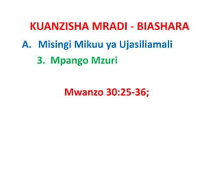 KUANZISHA MRADI ‐ BIASHARA
A. Misingi Mikuu ya Ujasiliamali
   3.  Mpango Mzuri 

        Mwanzo 30:25 36;
        Mwanzo 30:25‐36;
 