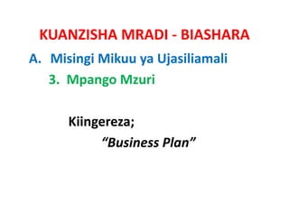 KUANZISHA MRADI ‐ BIASHARA
A. Misingi Mikuu ya Ujasiliamali
   3.  Mpango Mzuri 

      Kiingereza;
           “Business Plan”
 