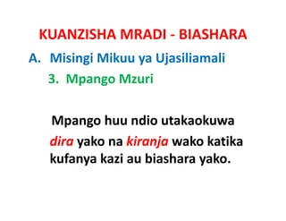 KUANZISHA MRADI ‐ BIASHARA
A. Misingi Mikuu ya Ujasiliamali
   3.  Mpango Mzuri 

   Mpango huu ndio utakaokuwa 
   Mpango huu ndio utakaokuwa
   dira yako na kiranja wako katika 
   kufanya kazi au biashara yako.
 