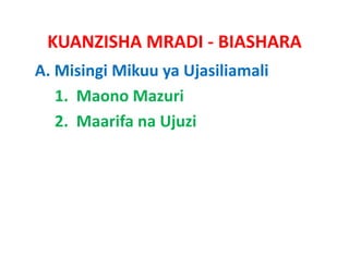 KUANZISHA MRADI ‐ BIASHARA
A. Misingi Mikuu ya Ujasiliamali
   1.  Maono Mazuri
   2.  Maarifa Ujuzi
   2 M if na Uj i
 