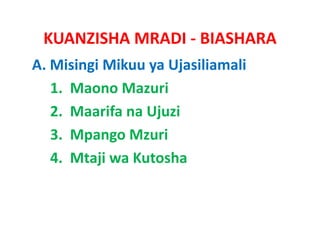 KUANZISHA MRADI ‐ BIASHARA
A. Misingi Mikuu ya Ujasiliamali
   1.  Maono Mazuri
   2.  Maarifa Ujuzi
   2 M if na Uj i
   3.  Mpango
   3. Mpango Mzuri
   4.  Mtaji wa Kutosha
 