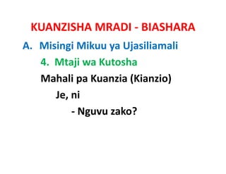 KUANZISHA MRADI ‐ BIASHARA
A. Misingi Mikuu ya Ujasiliamali
   4.  Mtaji wa Kutosha
   Mahali pa Kuanzia (Kianzio)
   M h li K          i (Ki i )
       Je, ni
       Je, ni
           ‐ Nguvu zako?
 