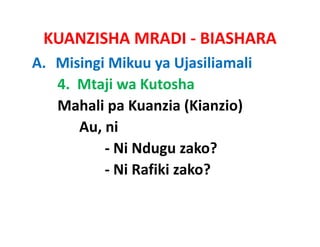KUANZISHA MRADI ‐ BIASHARA
A. Misingi Mikuu ya Ujasiliamali
   4.  Mtaji wa Kutosha
   Mahali pa Kuanzia (Kianzio)
            pa Kuanzia
       Au, ni
           ‐ Ni Ndugu zako?
           ‐ Ni Rafiki zako?
             Ni Rafiki
 