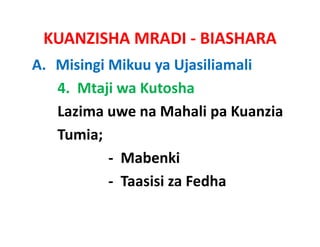 KUANZISHA MRADI ‐ BIASHARA
A. Misingi Mikuu ya Ujasiliamali
   4.  Mtaji wa Kutosha
   Lazima uwe na Mahali pa Kuanzia  
   L i             M h li K      i
   Tumia;
           ‐ Mabenki
           ‐ Taasisi za Fedha
 