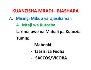 KUANZISHA MRADI ‐ BIASHARA
A. Misingi Mikuu ya Ujasiliamali
   4.  Mtaji wa Kutosha
   Lazima uwe na Mahali pa Kuanzia  
   L i             M h li K      i
   Tumia;
           ‐ Mabenki
           ‐ Taasisi za Fedha
           ‐ SACCOS/VICOBA
              SACCOS/VICOBA 
 