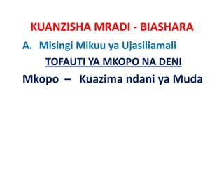 KUANZISHA MRADI ‐ BIASHARA
A. Misingi Mikuu ya Ujasiliamali
    TOFAUTI YA MKOPO NA DENI
Mkopo  – K i
Mk       Kuazima ndani ya Muda
                  d i M d
 