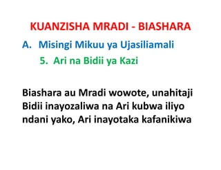 KUANZISHA MRADI ‐ BIASHARA
A. Misingi Mikuu ya Ujasiliamali
   5.  Ari na Bidii ya Kazi

Biashara au Mradi wowote, unahitaji
          au Mradi wowote, unahitaji
Bidii inayozaliwa na Ari kubwa iliyo
ndani yako, Ari inayotaka k f iki
 d i k A ii          t k kafanikiwa
 