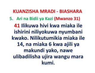 KUANZISHA MRADI ‐ BIASHARA
5. Ari na Bidii ya Kazi (Mwanzo 31)
  41 Ilikuwa hivi kwa miaka ile
  ishirini niliyokuwa nyumbani
 kwako. Nilikutumikia miaka ile
    14, na miaka 6 kwa ajili ya
       makundi yako nawe
                  yako, nawe
  ulibadilisha ujira wangu mara
                kumi. 
 