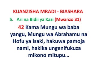 KUANZISHA MRADI ‐ BIASHARA
5. Ari na Bidii ya Kazi (Mwanzo 31)
   42 Kama Mungu wa baba
yangu, Mungu wa Ab h
                   Abrahamu na
 Hofu ya Isaki hakuwa pamoja
         Isaki, hakuwa
  nami, hakika ungenifukuza
       mikono mitupu… 
 