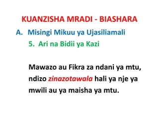 KUANZISHA MRADI ‐ BIASHARA
A. Misingi Mikuu ya Ujasiliamali
   5.  Ari na Bidii ya Kazi

   Mawazo au Fikra za ndani ya mtu,
            au Fikra            mtu, 
   ndizo zinazotawala hali ya nje ya
   mwili au ya maisha ya mtu.
 