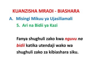 KUANZISHA MRADI ‐ BIASHARA
A. Misingi Mikuu ya Ujasiliamali
   5.  Ari na Bidii ya Kazi

   Fanya shughuli zako kwa nguvu na
   bidii katika utendaji wako wa
   shughuli zako za kibiashara siku.
 