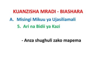 KUANZISHA MRADI ‐ BIASHARA
A. Misingi Mikuu ya Ujasiliamali
   5.  Ari na Bidii ya Kazi

     ‐ Anza shughuli zako mapema
       Anza shughuli
 