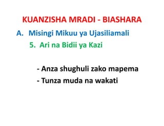 KUANZISHA MRADI ‐ BIASHARA
A. Misingi Mikuu ya Ujasiliamali
   5.  Ari na Bidii ya Kazi

     ‐ Anza shughuli zako mapema
       Anza shughuli
     ‐ Tunza muda na wakati
 