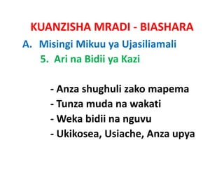 KUANZISHA MRADI ‐ BIASHARA
A. Misingi Mikuu ya Ujasiliamali
   5.  Ari na Bidii ya Kazi

     ‐ Anza shughuli zako mapema
     ‐ Tunza muda na wakati
     ‐ Weka bidii na nguvu
     ‐ Ukikosea, Usiache, Anza upya
 