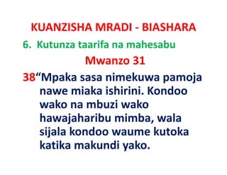 KUANZISHA MRADI ‐ BIASHARA
6.  Kutunza taarifa na mahesabu
            Mwanzo 31 
38“Mpaka sasa
38 Mpaka sasa nimekuwa pamoja
   nawe miaka ishirini. Kondoo
   wako na mbuzi wako
   hawajaharibu mimba, wala
                 mimba, wala
   sijala kondoo waume kutoka
   katika
   k tik makundi yako. 
             k di k
 